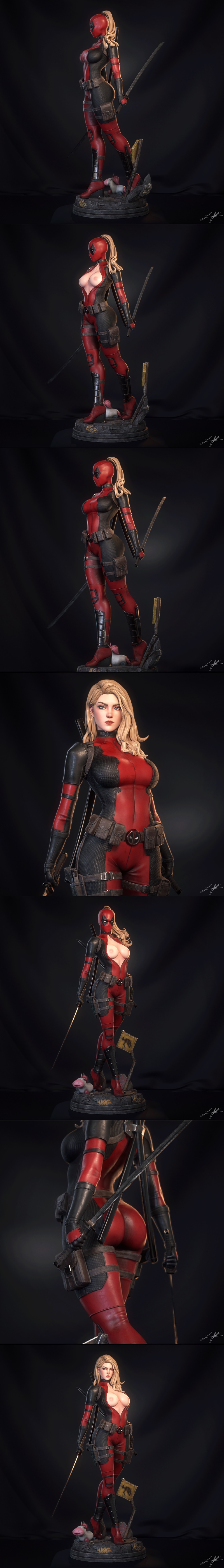 Lady Deadpool figure in red and black suit, holding a sword, with a unicorn at her feet on a detailed base.
