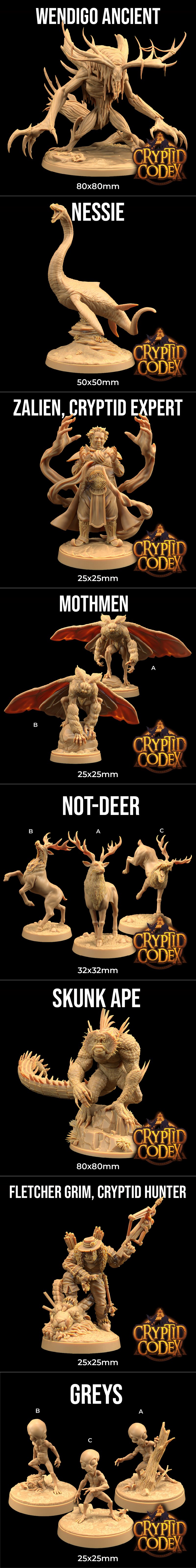 Collection of fantasy 3D printable miniatures including a winged dragon, a stag-headed humanoid, a reptilian monster,...