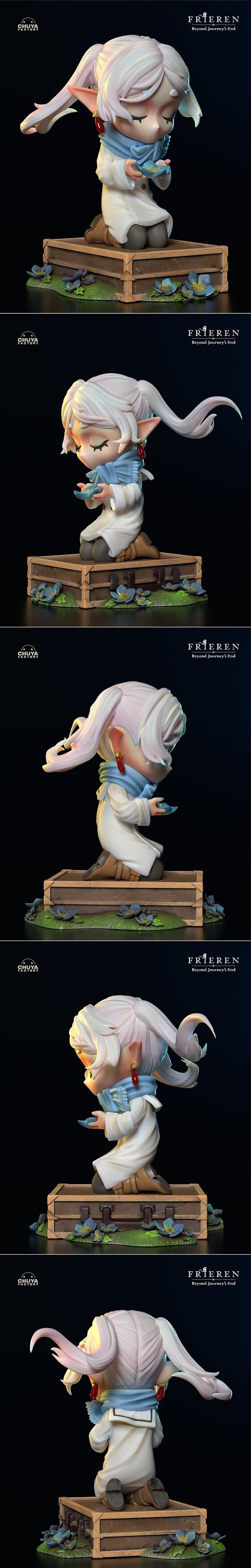 Chuya Factory Frieren chibi figure kneeling on a wooden chest, holding a blue flower. White coat, blue scarf, closed...