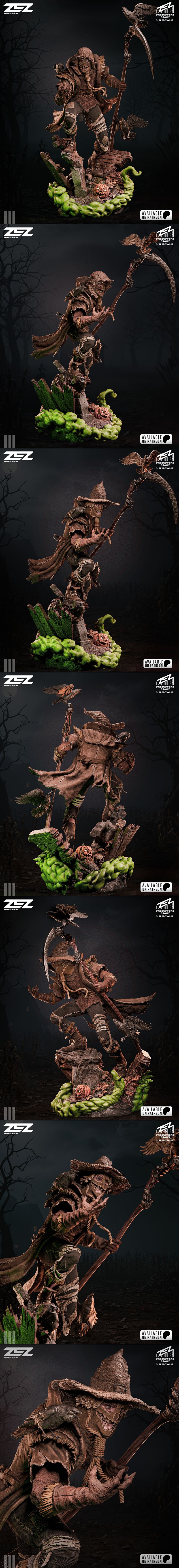 ZEZ Studio 1:6 scale Scarecrow statue with scythe and crows, standing on a base with a pumpkin and vines.