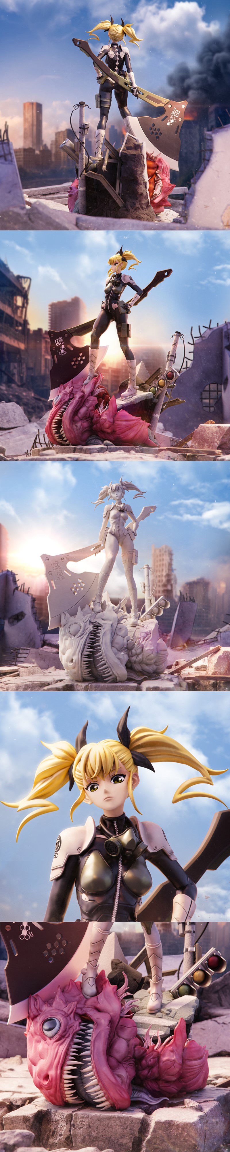 Shinomiya Kikoru from Kaiju No. 8 stands on a pink monster with sharp teeth, holding a large axe. She wears a dark ta...