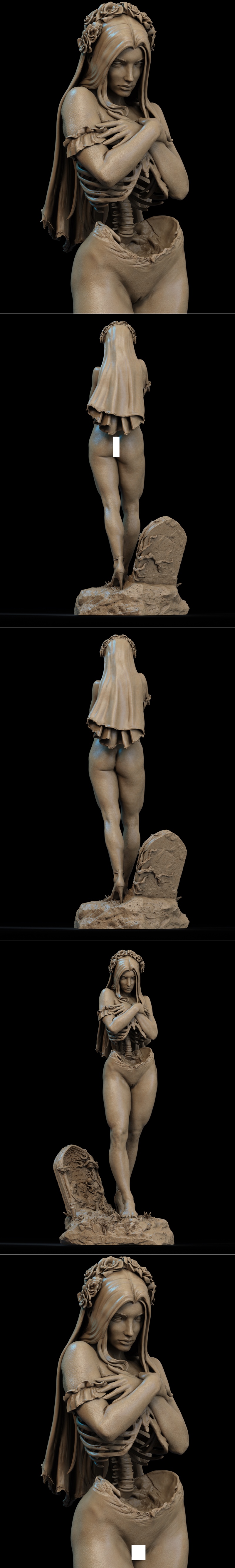 Undead Bride 3D model with exposed ribcage, wearing a floral wreath, standing on a tombstone base. Detailed anatomy a...