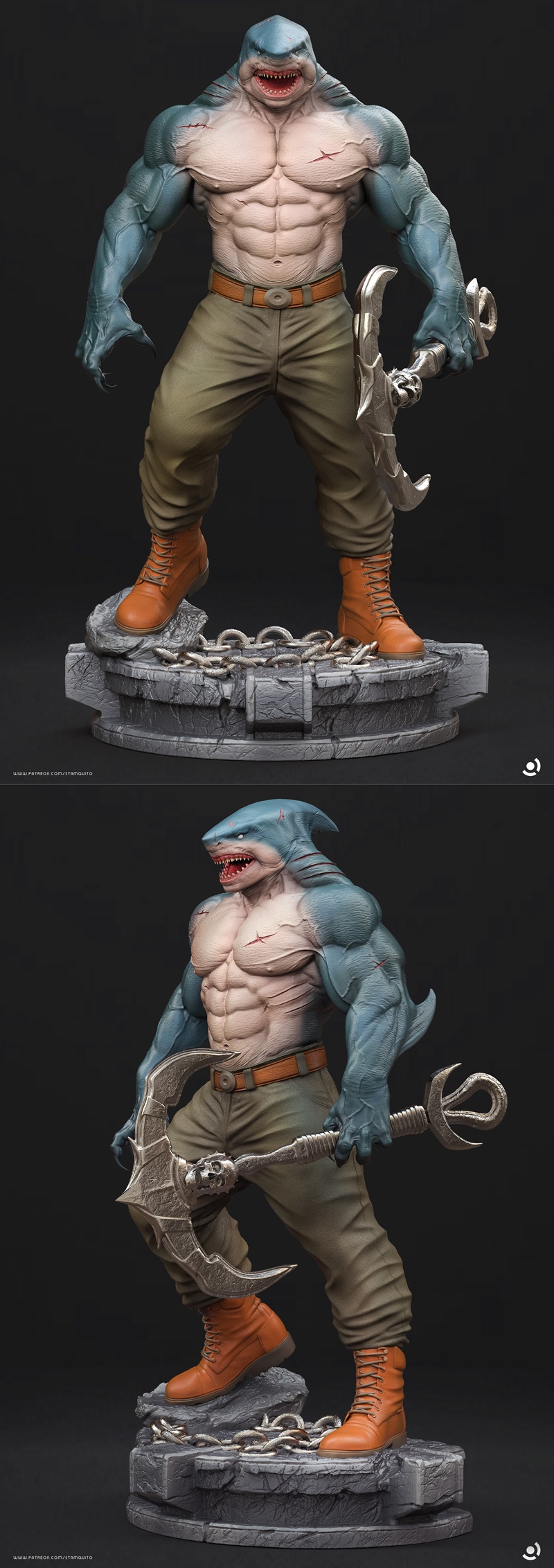 Muscular anthropomorphic shark character, King Shark, with sharp teeth and scars, wearing a belt and pants, holding a...