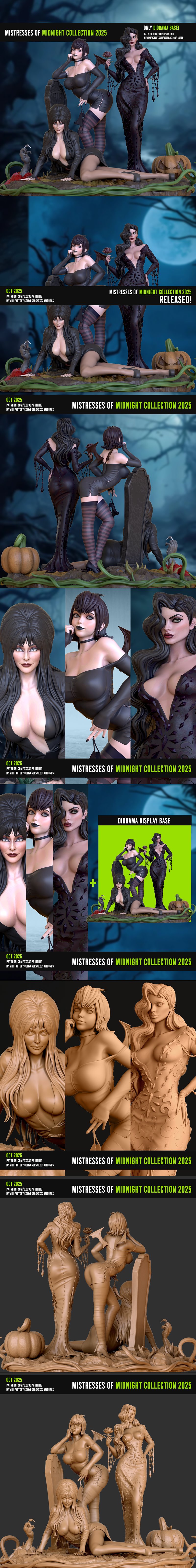 Three gothic female figures in revealing outfits, a diorama with a tombstone, pumpkin, and reaching hand, from OXO3D...