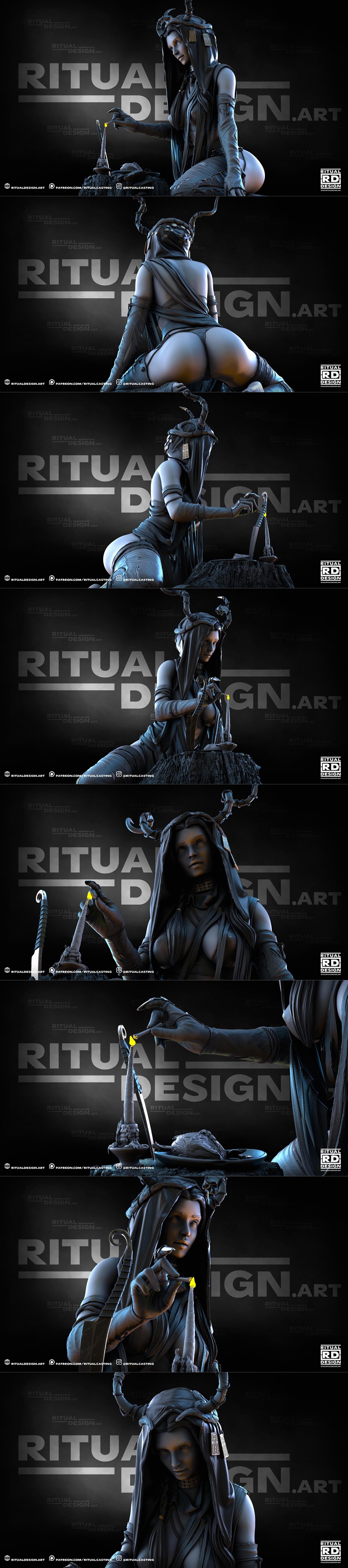 1:10 scale Gohta figure from Ritual Design, kneeling with horns and a hood, holding a knife. SFW and NSFW options ava...