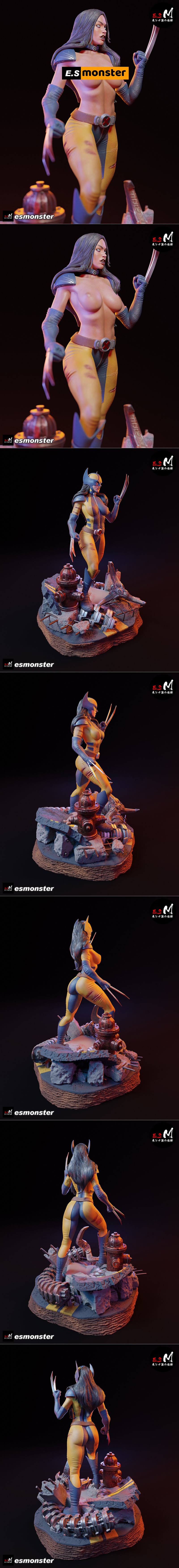 X-23 figure in yellow and blue costume with claws extended, standing on a diorama base with rubble and mechanical deb...