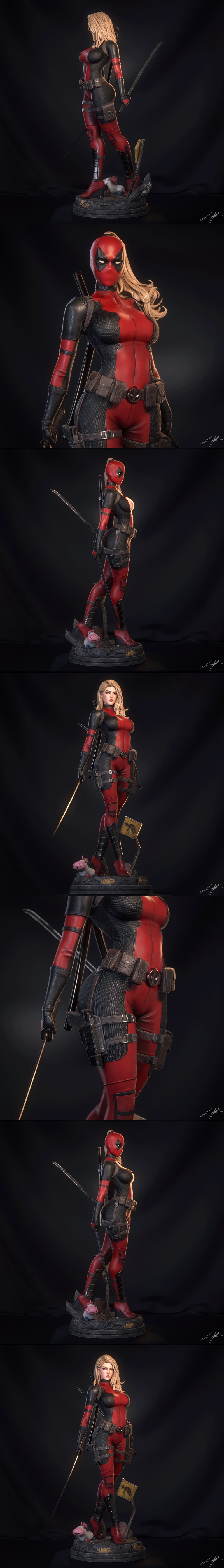 Lady Deadpool figure in red and black suit, holding a sword, with a unicorn at her feet on a detailed base.