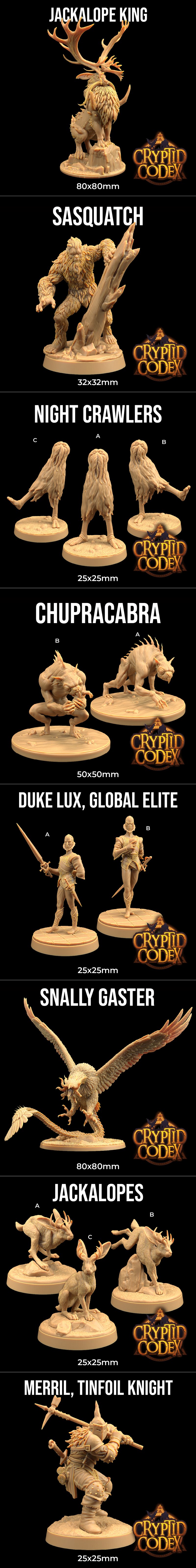 Collection of fantasy 3D printable miniatures including a winged dragon, a stag-headed humanoid, a reptilian monster,...