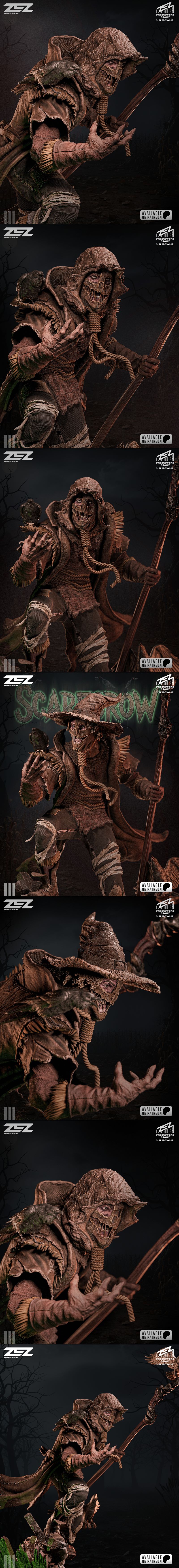 ZEZ Studio 1:6 scale Scarecrow statue with scythe and crows, standing on a base with a pumpkin and vines.