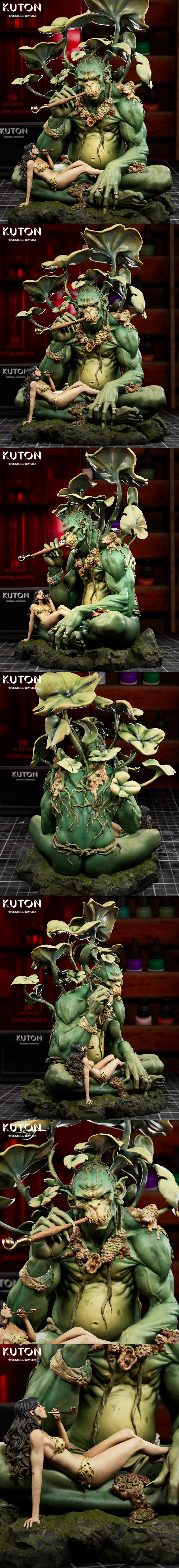 Large green plant monster smoking a pipe, seated next to a reclining woman in a bikini. Intricate foliage and moss de...
