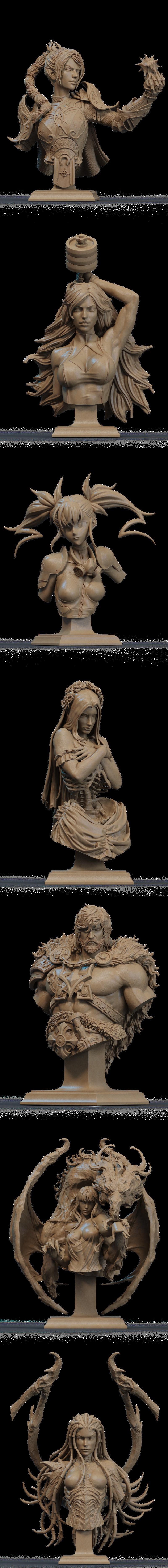 Collection of 3D printable busts by CA 3D Studios, featuring fantasy characters like demons, angels, warriors, and fe...