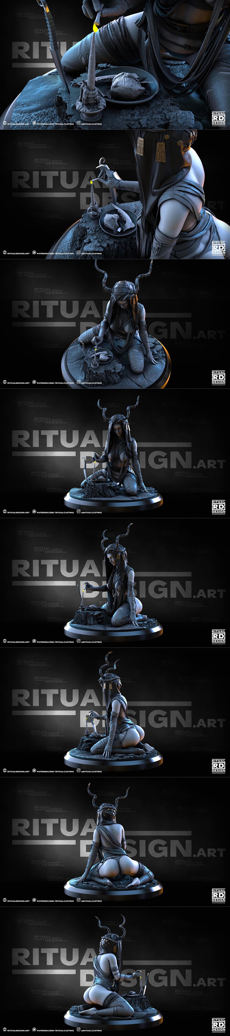 1:10 scale Gohta figure from Ritual Design, kneeling with horns and a hood, holding a knife. SFW and NSFW options ava...