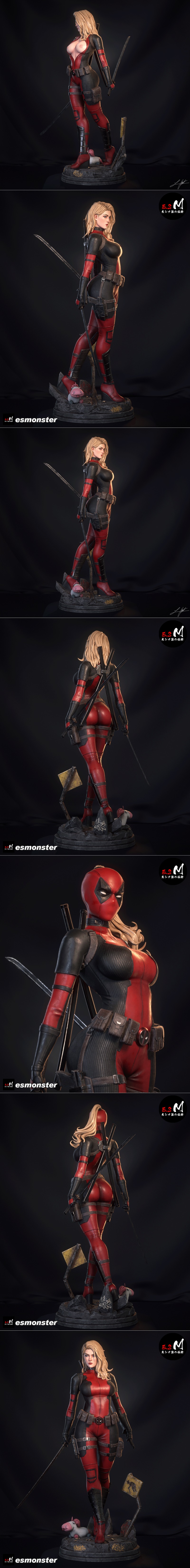 Lady Deadpool figure in red and black suit, holding a sword, with a unicorn at her feet on a detailed base.