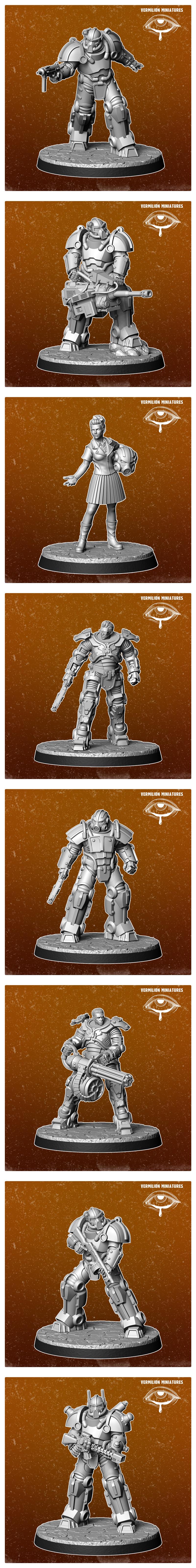 Collection of 3D printable miniatures from Vermilion Miniatures, featuring figures in sci-fi power armor with heavy w...