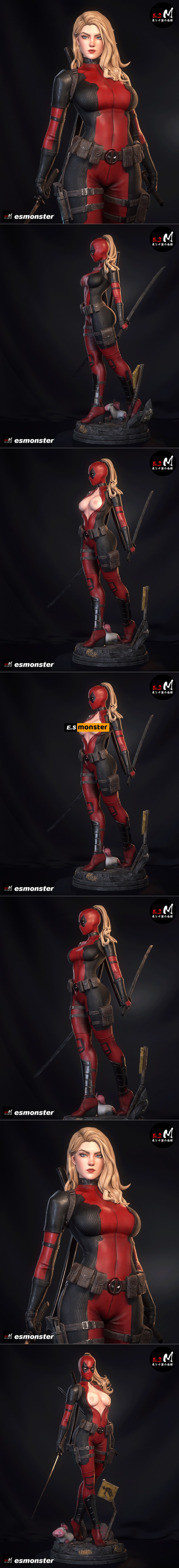 Lady Deadpool figure in red and black suit, holding a sword, with a unicorn at her feet on a detailed base.
