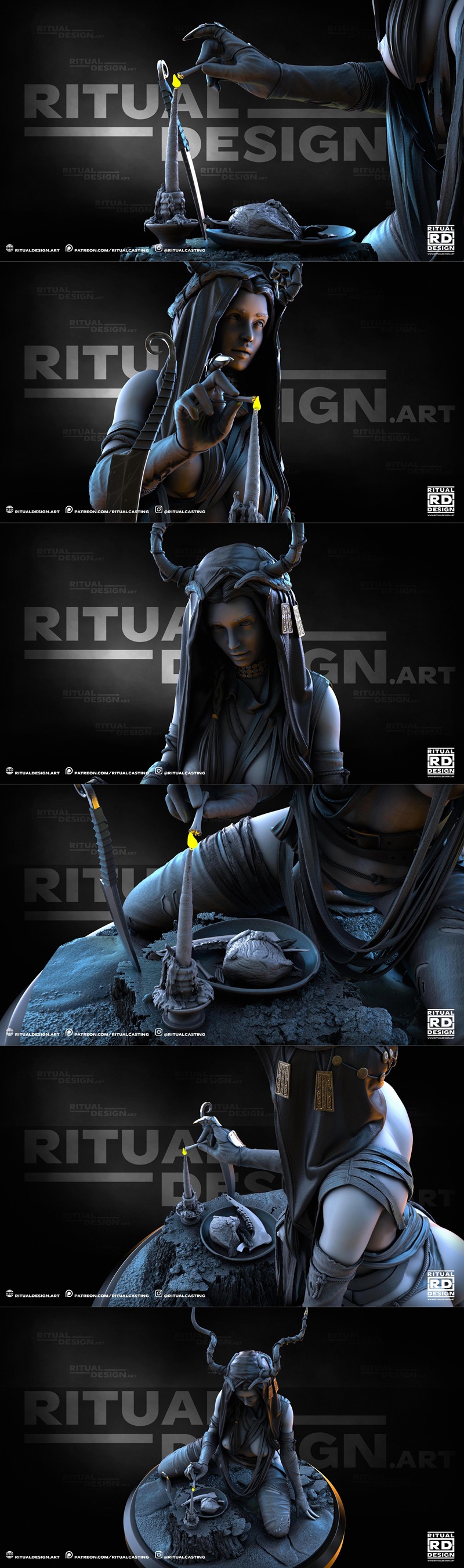 1:10 scale Gohta figure from Ritual Design, kneeling with horns and a hood, holding a knife. SFW and NSFW options ava...
