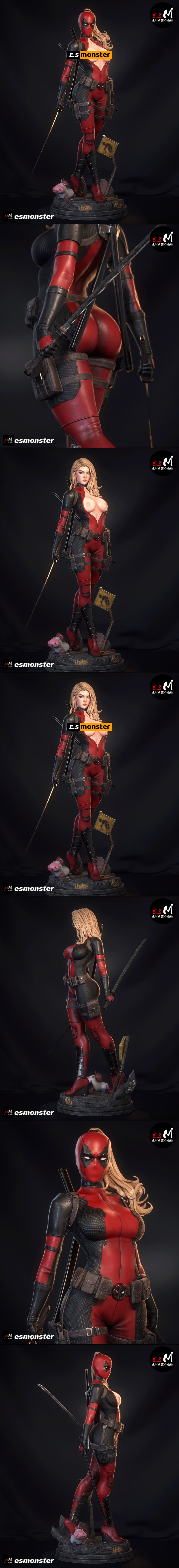 Lady Deadpool figure in red and black suit, holding a sword, with a unicorn at her feet on a detailed base.
