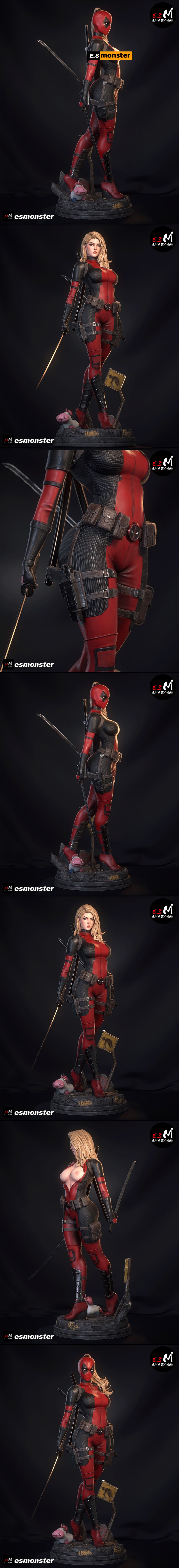 Lady Deadpool figure in red and black suit, holding a sword, with a unicorn at her feet on a detailed base.