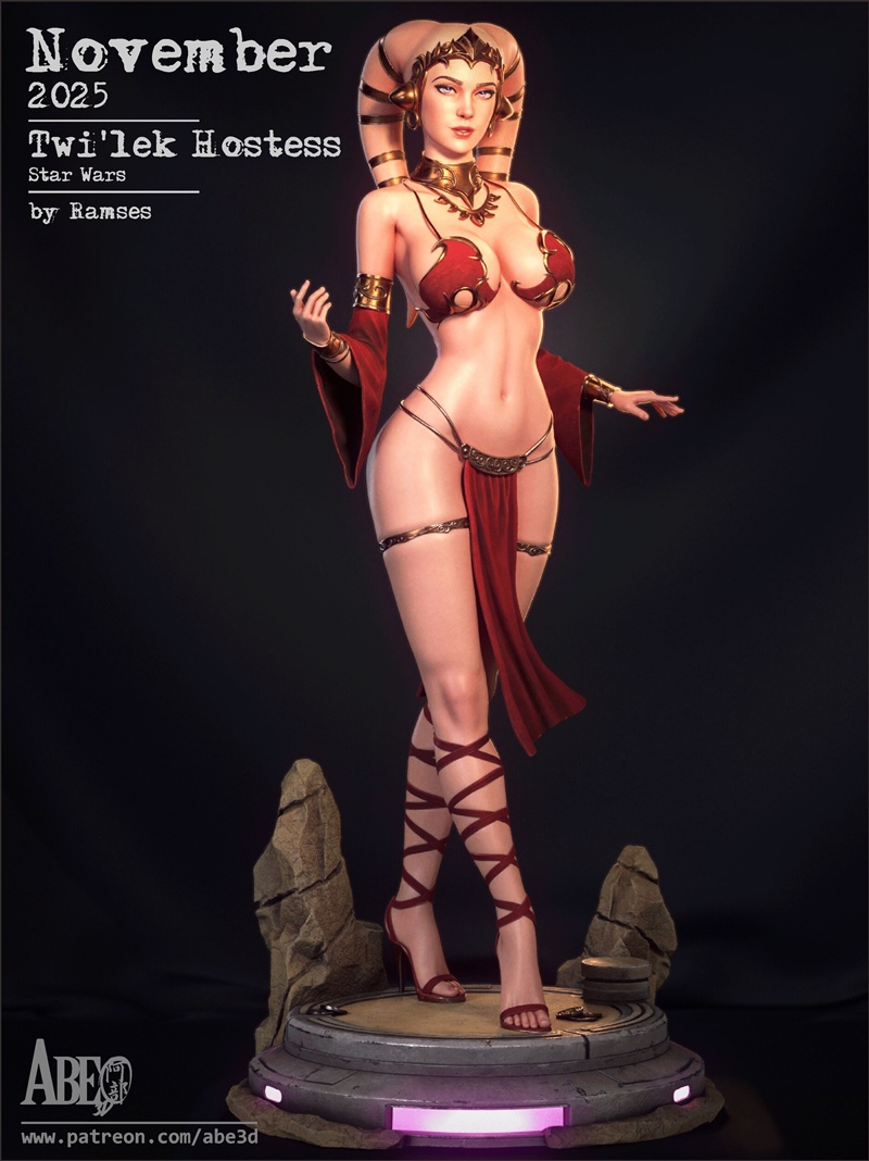 Twi'lek Hostess 3D model by Abe3D, wearing a red bikini and flowing fabric, with red leg wrappings and heels, standin...