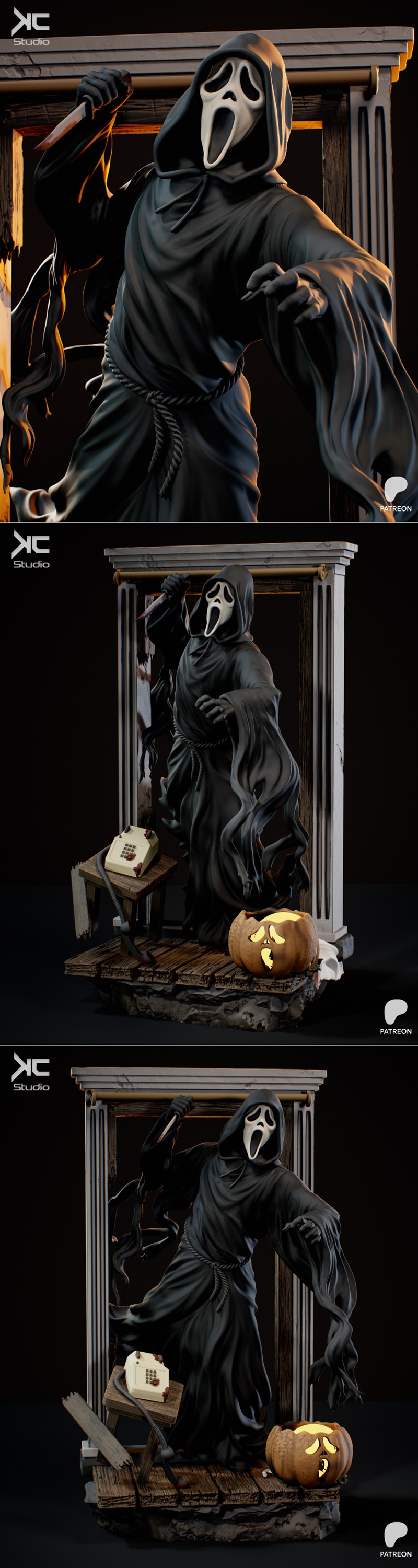 Ghostface killer from Scream franchise, wearing a black robe and mask, holding a knife. KC Studio 3D model.