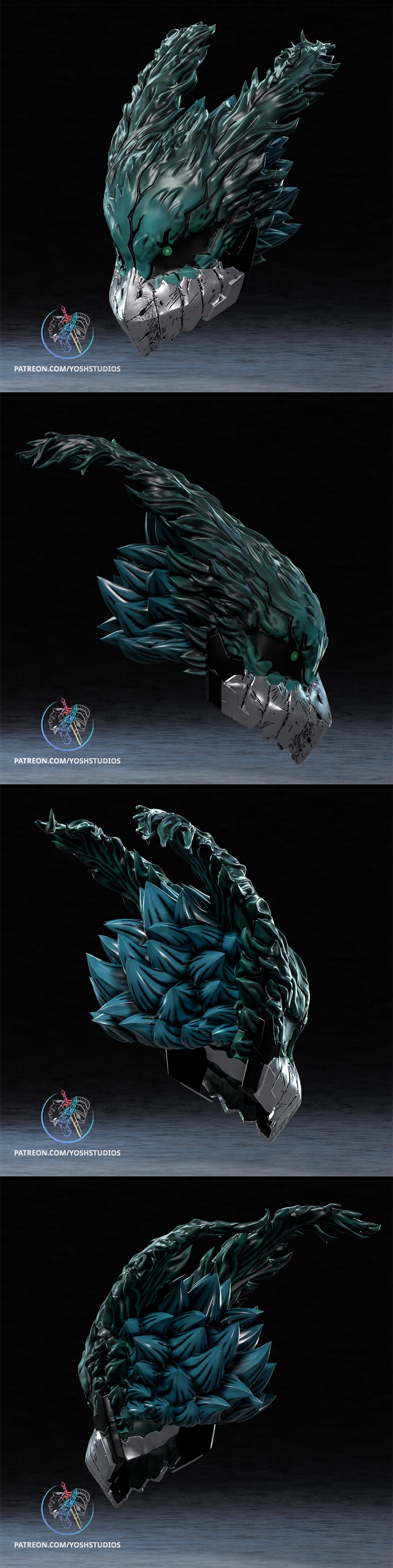 Dark Deku mask from My Hero Academia, featuring a teal, flame-like upper head with sharp metallic lower jaw and glowi...