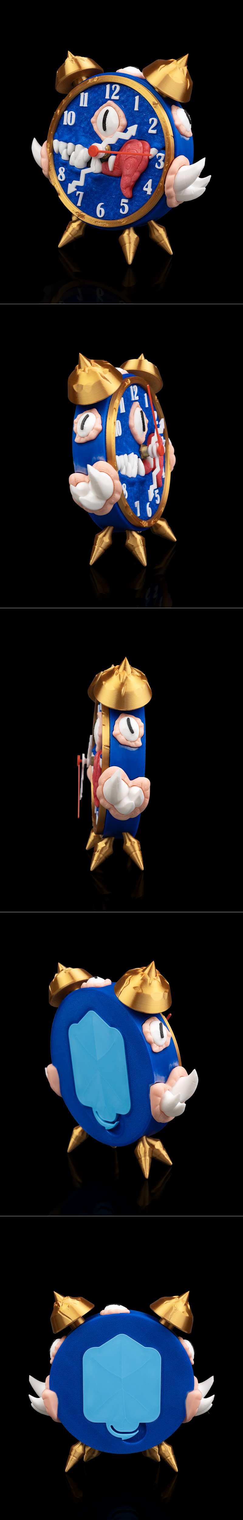 MimiClock alarm clock character with blue face, white teeth, red tongue, golden bells, and white wings, 3D model.