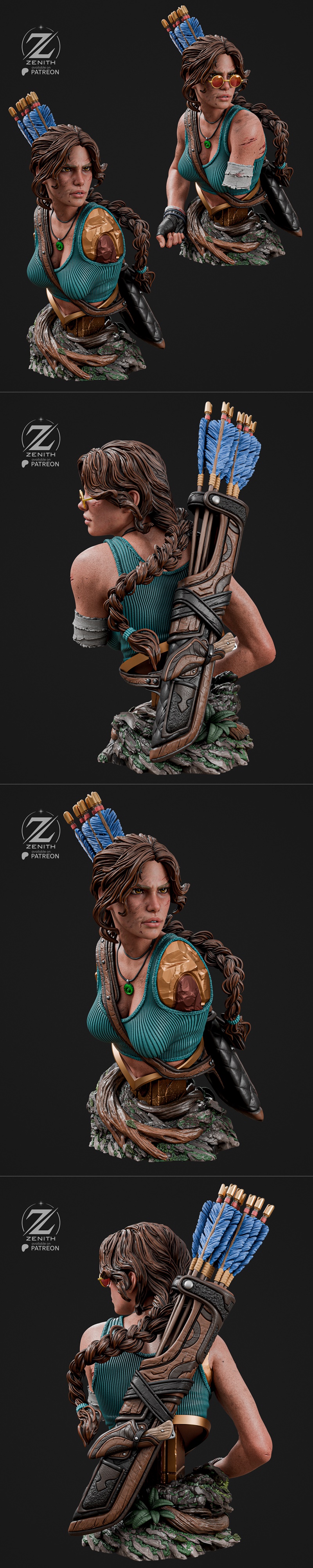 Lara Croft bust with braided hair, round sunglasses, teal tank top, and battle scars. Arrows are visible in the backg...