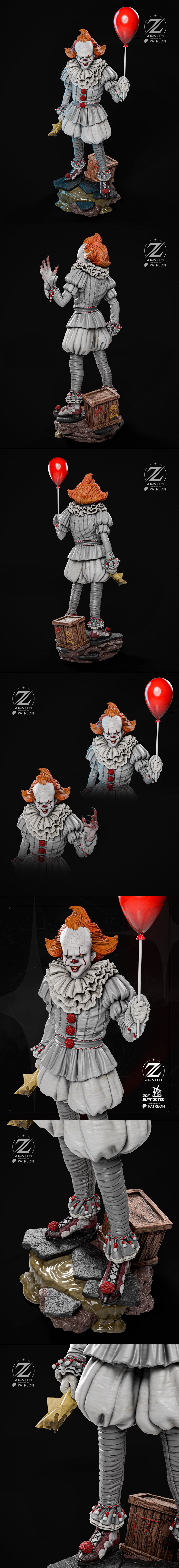 Pennywise the clown figure holding a red balloon, wearing a ruffled costume and standing on a rocky diorama base with...