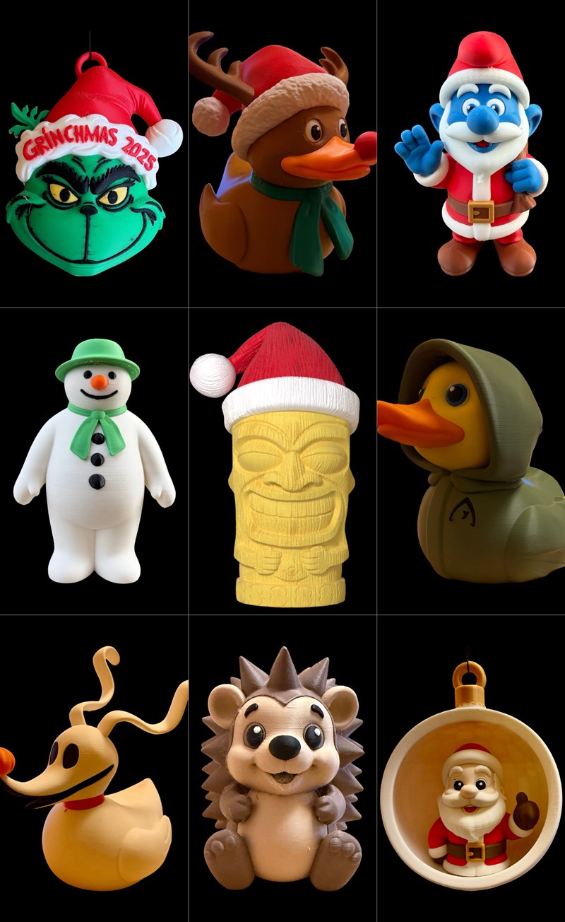 Collage of nine 3D printed figures: Grinch head ornament, reindeer duck, Smurf Santa, snowman, tiki head, hooded duck...