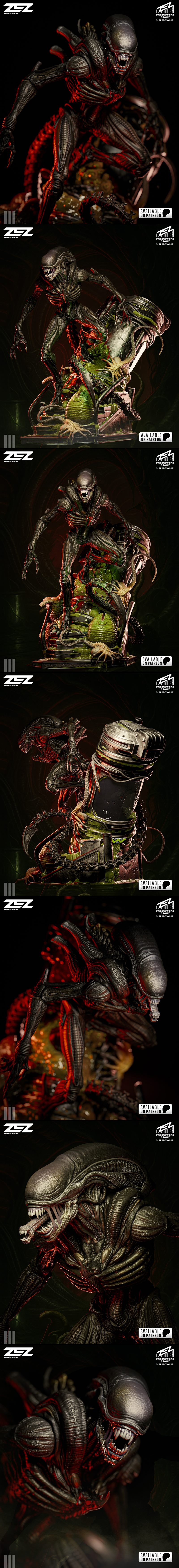 ZEZ Studio Xenomorph figure in a dynamic, menacing pose, showcasing intricate biomechanical details and sharp teeth a...