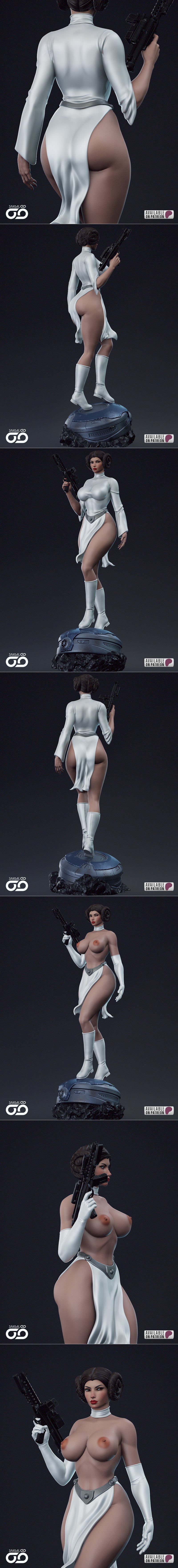 3D model of Princess Leia in a revealing white dress, holding a blaster rifle. Stylized, mature aesthetic with exagge...
