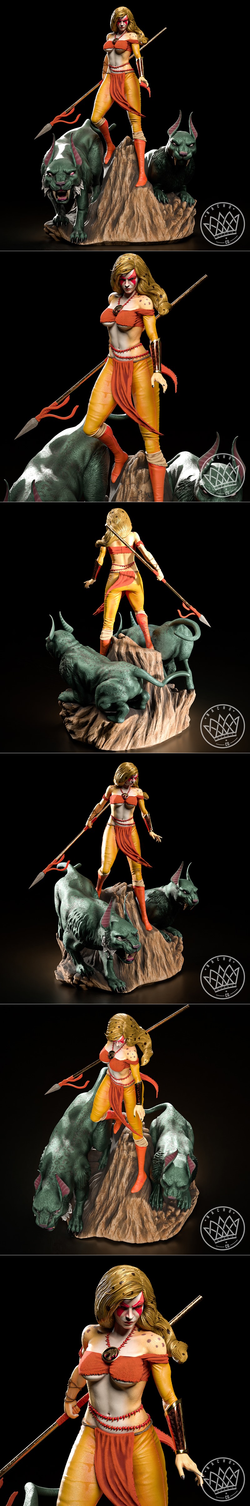 Cheetara from Thundercats statue, a female warrior with blonde hair, orange and yellow tribal outfit, and feline spot...
