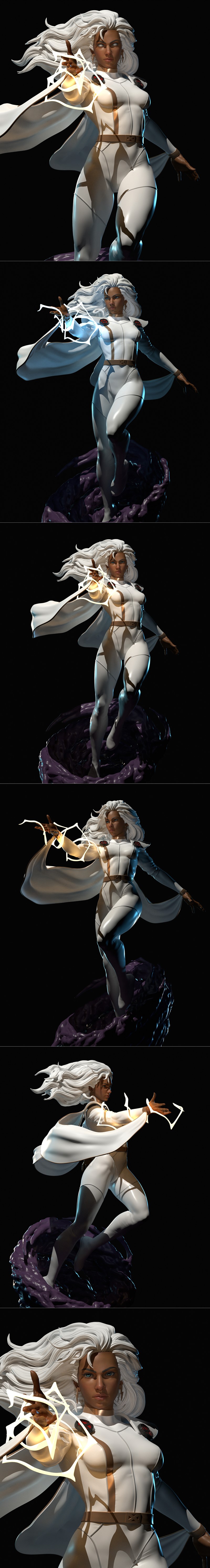 Storm from X-Men in a white suit and cape, conjuring lightning from her hand, white hair flowing.