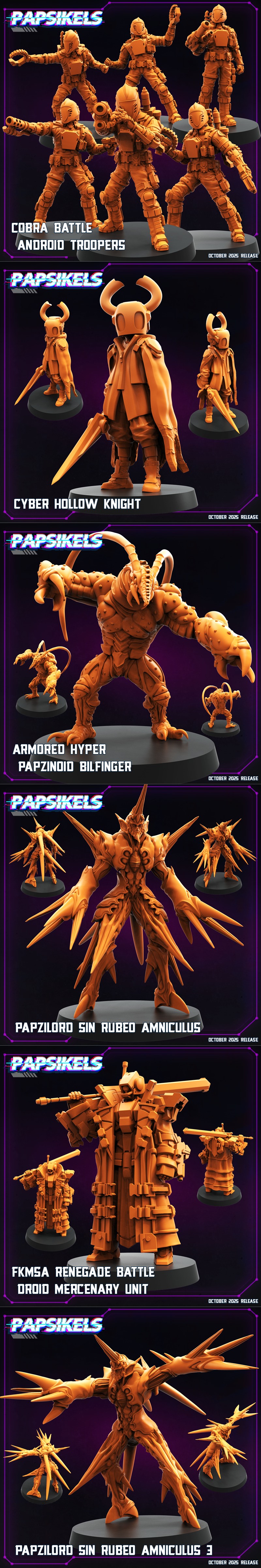 Collection of cyberpunk-themed 3D printable miniatures by Papsikels Miniatures, featuring soldiers, robots, and monst...
