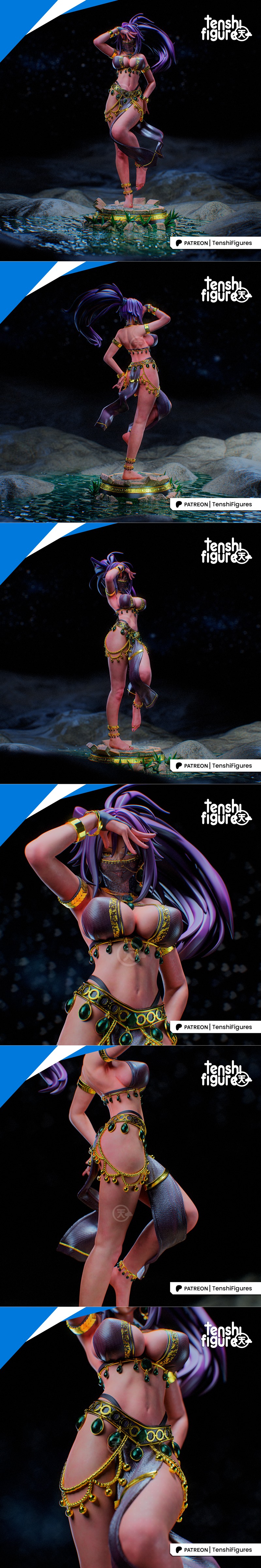 3D model figure of Yoruichi Shihōin from Bleach, with purple hair, golden jewelry, and revealing attire, posed seduct...