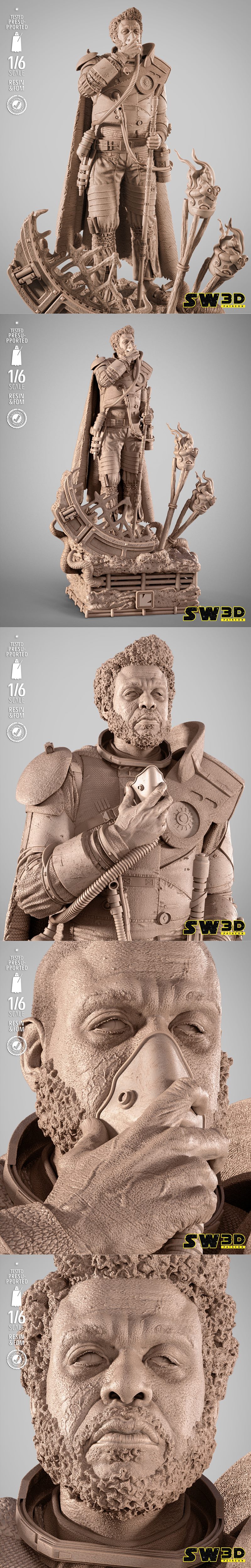 SW3D Saw Gerrera sculpture, a 3D printable model. The figure wears detailed armor and a cape, standing on an intricat...