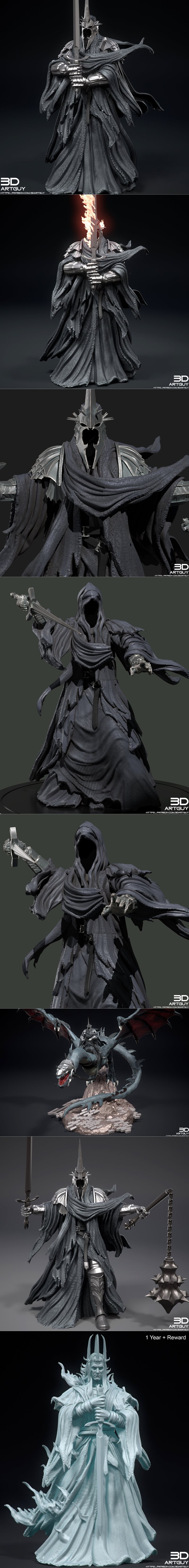 Collage of five 3D printable fantasy figures: a golden armored Dragonslayer, a Female Bard with a lute, a Dark King i...