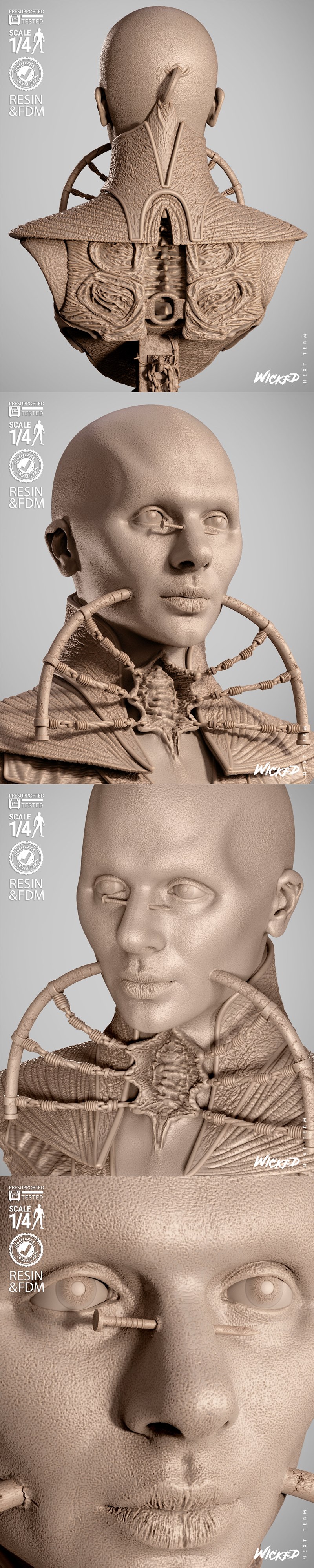 Bust of a bald female Cenobite from Hellraiser, wearing a detailed corset and metallic neck adornments, presented on...