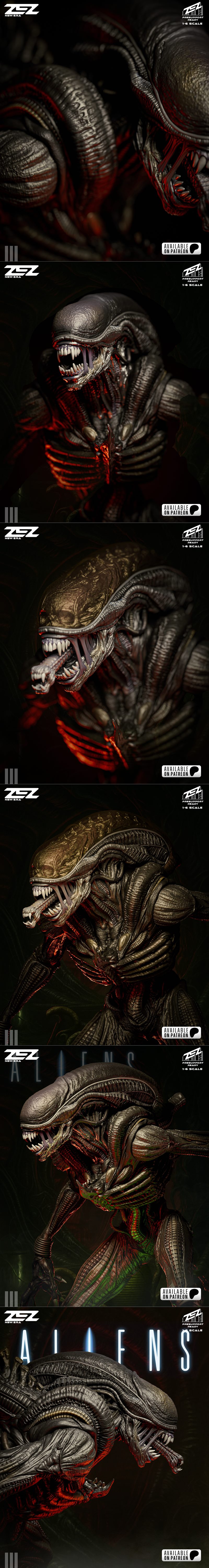 ZEZ Studio Xenomorph figure in a dynamic, menacing pose, showcasing intricate biomechanical details and sharp teeth a...