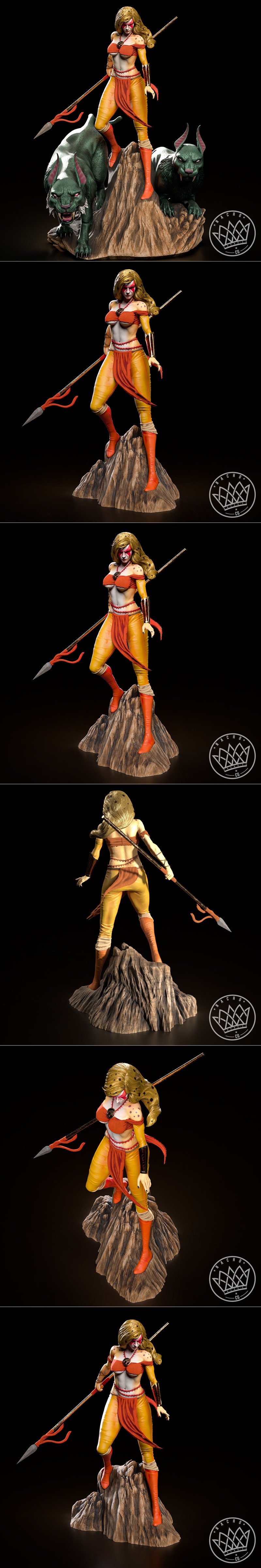 Cheetara from Thundercats statue, a female warrior with blonde hair, orange and yellow tribal outfit, and feline spot...