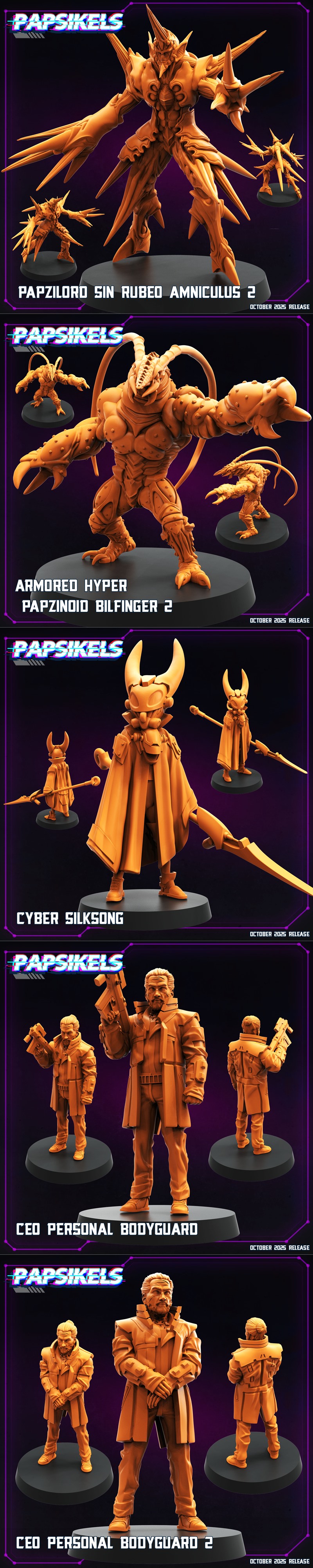 Collection of cyberpunk-themed 3D printable miniatures by Papsikels Miniatures, featuring soldiers, robots, and monst...