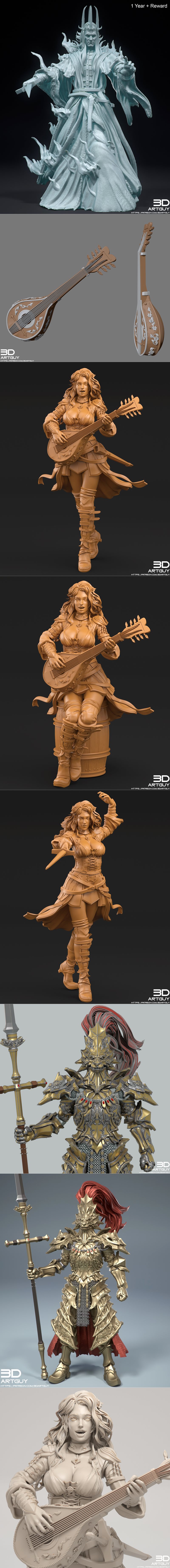 Collage of five 3D printable fantasy figures: a golden armored Dragonslayer, a Female Bard with a lute, a Dark King i...