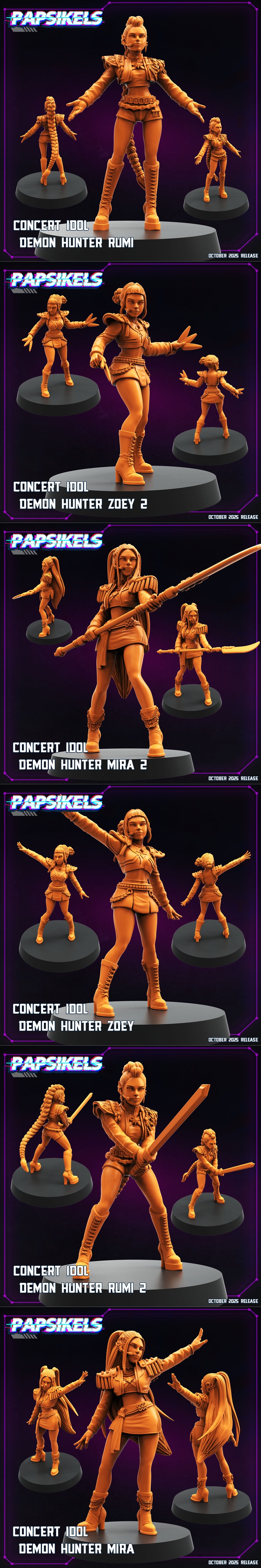 Collection of cyberpunk-themed 3D printable miniatures by Papsikels Miniatures, featuring soldiers, robots, and monst...
