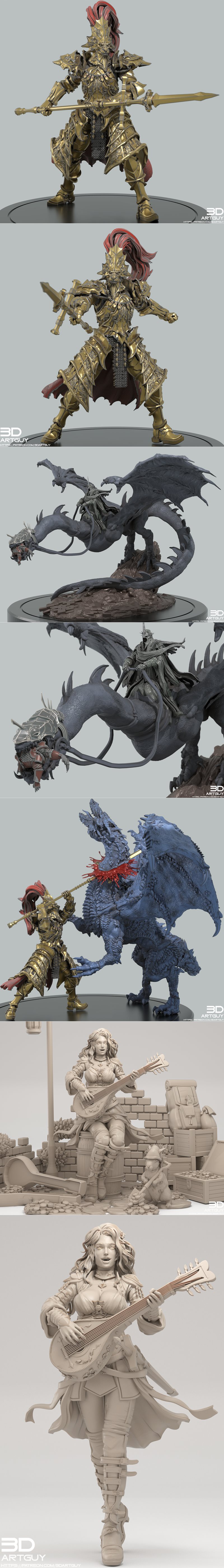 Collage of five 3D printable fantasy figures: a golden armored Dragonslayer, a Female Bard with a lute, a Dark King i...