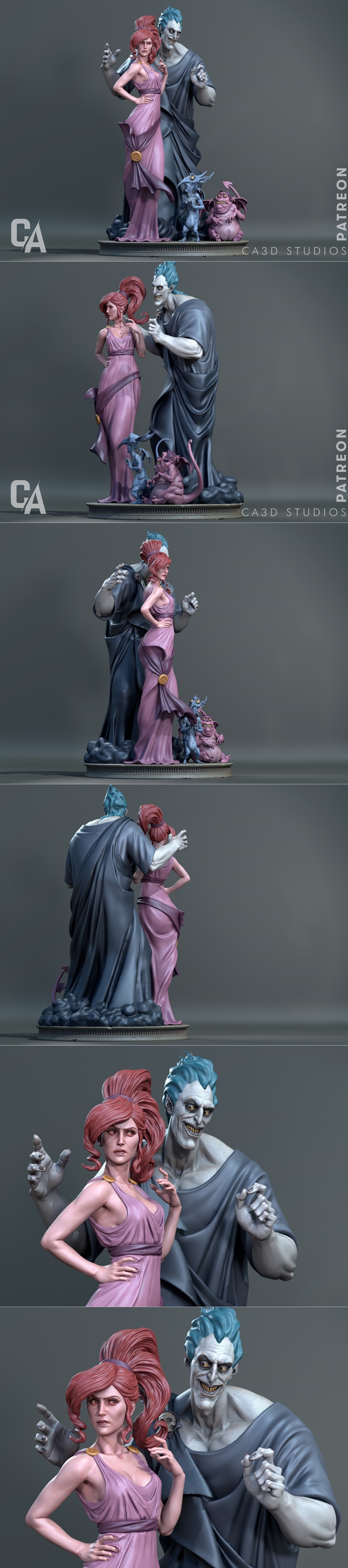 Hades and Megara figures from Hercules, with two small demons at their feet, sculpted by CA 3D Studios.