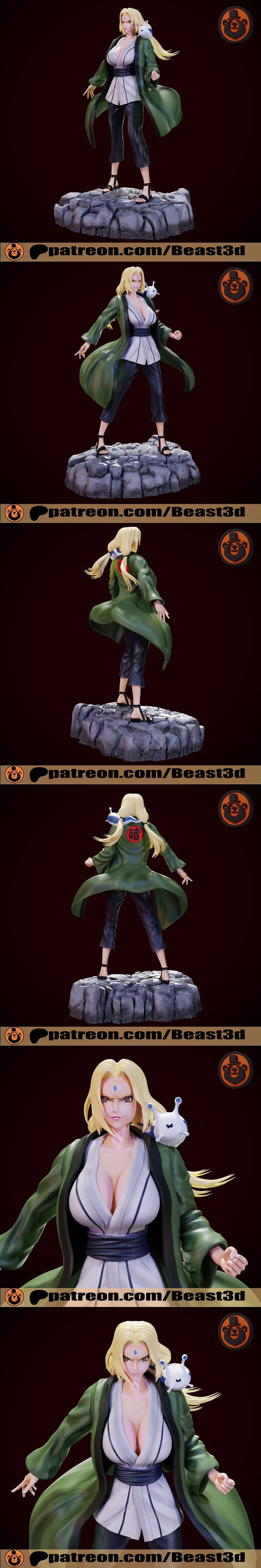 Tsunade from Naruto anime standing on a rocky base, wearing a green open robe over a white top and dark pants, with h...