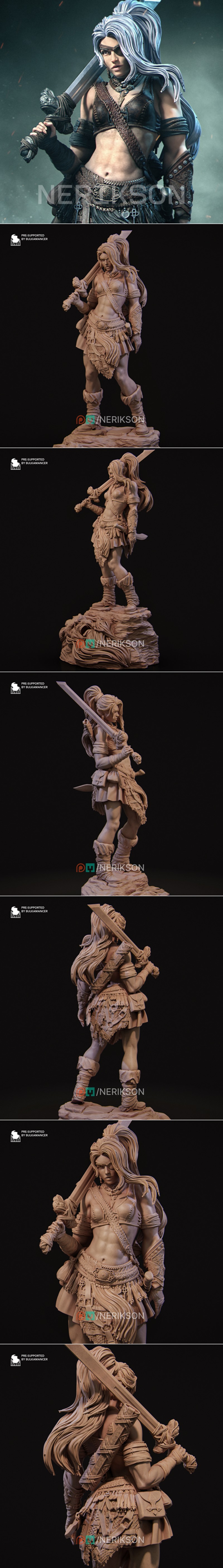 Lia the Barbarian Mercenary 3D model, a female warrior with white hair, eyepatch, and leather armor, holding a large...
