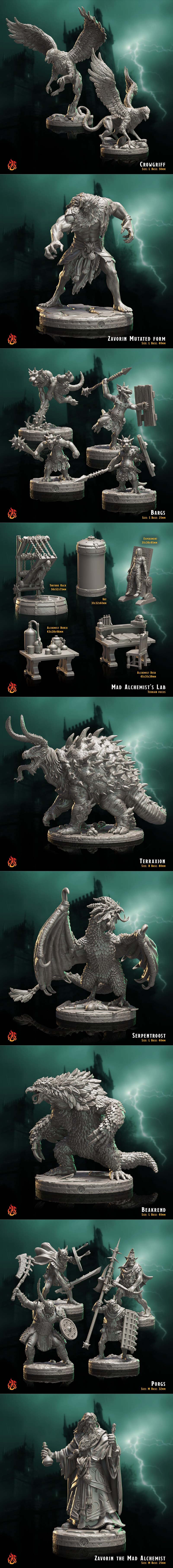Fantasy miniature set from Crippled God Foundry featuring a central alchemist, a large horned beast, winged creatures...