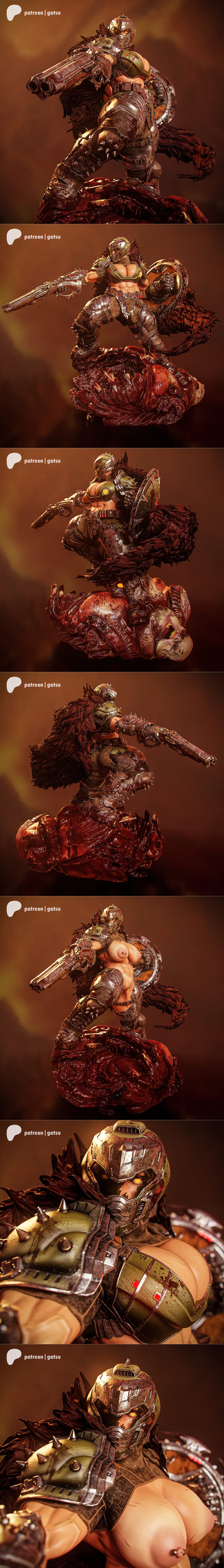 Doom Girl figure in heavy sci-fi armor, holding a double-barreled shotgun, standing on a bloody demonic base. Studio...