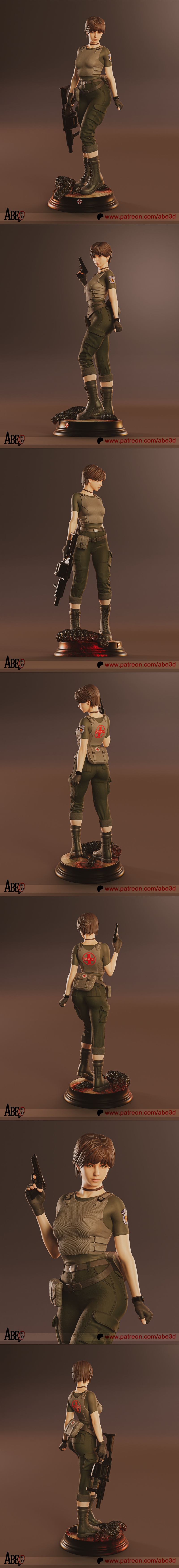 3D model figure of Rebecca Chambers from Resident Evil, wearing tactical gear and holding a pistol, standing on a bas...